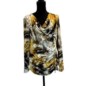 Melanie Lyne yellow brown cream abstract printed long sleeve cowl draped blouse